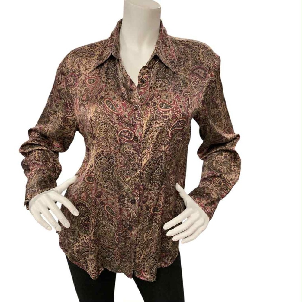 Dalia 100% Silk Paisley Button Down Shirt - Brown and Pink Size L